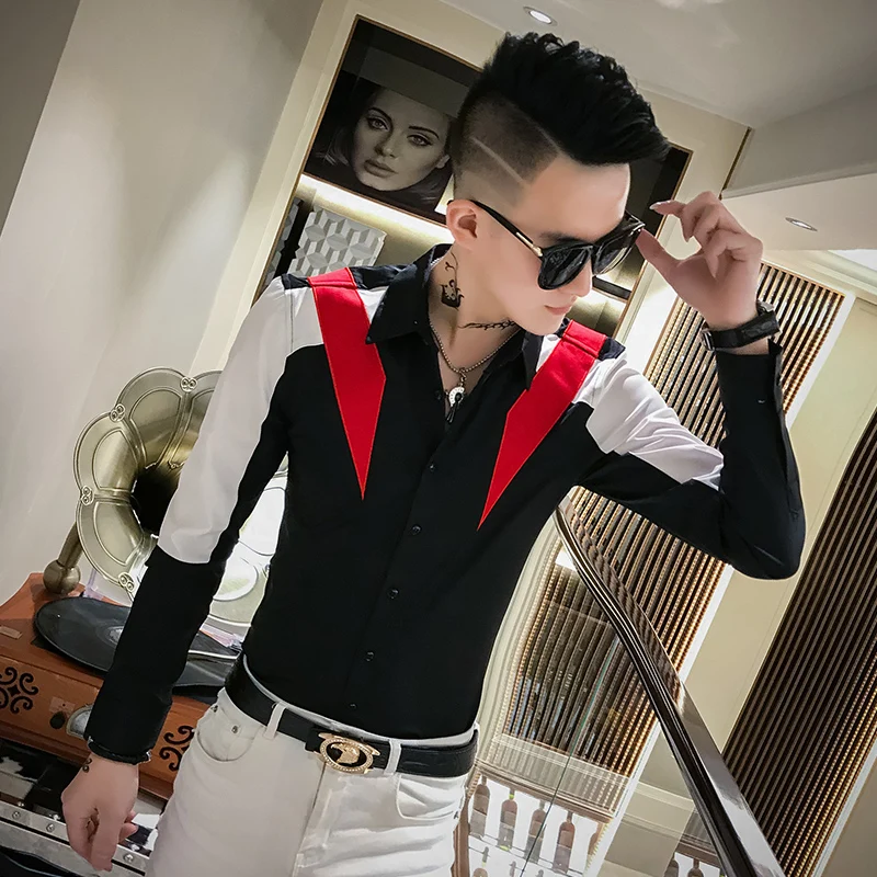 Fashion Men Shirt Hot Sale Patchwork Color Long Sleeve Mens Casual Shirts Slim Fit All Match Casual Shirts Men Club Tuxedo