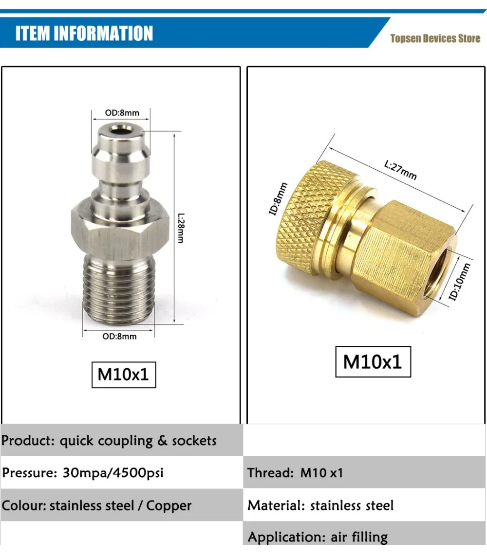 PCP ВВС Пейнтбол пневматическая БЫСТРОРАЗЪЕМНАЯ муфта 8 мм M10x1 с разъемом «папа» и Медь для быстрого отсоединения, прибор для резьбы Нержавеющая сталь 2 шт./компл