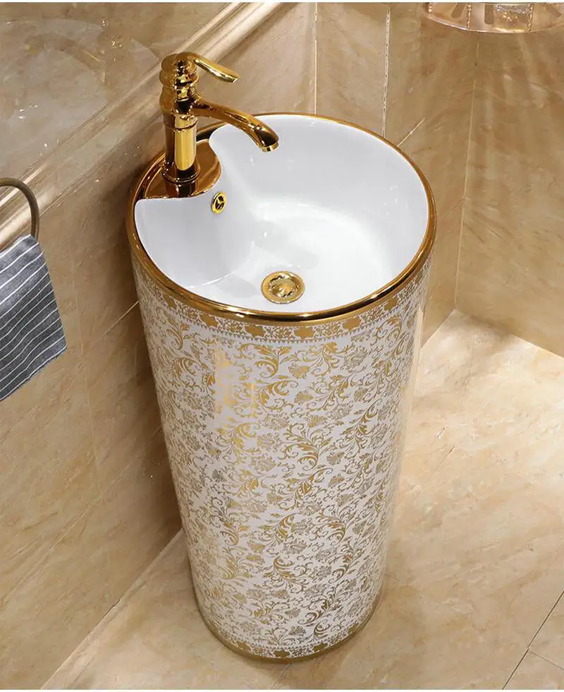 Мозаика Золотая Современная круглая подставка Керамическая Раковина Ванная раковина с подставкой столб умывальник с переливом