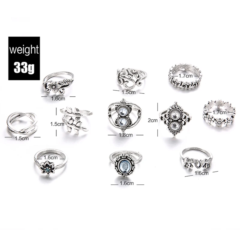 11 pcs/set Bohemian retro elephant flower leaves cross exaggerated gem silver ring set women Wedding Party Jewelry Accessories