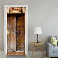 European Retro Wooden Door Stickers DIY Mural Bedroom Home Decor Poster PVC Self-Adhesive Waterproof Wall Door Sticker Wallpaper