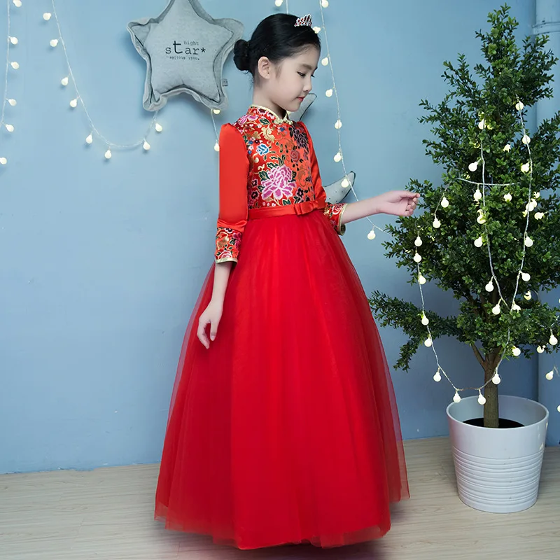 Зимнее платье принцессы для девочек в цветочек красный Cheongsam Qipao Традиционный китайский Стиль весеннее платье утолщение Детские платья