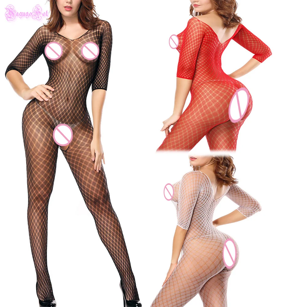 Эротические пикантные Sheer Половина рукава Diamond Check Сетчатое с вырезом Bodystocking
