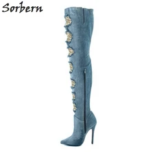 Sorbern деним выдалбливают Высокие сапоги до бедра острый носок для женщин сапоги и ботинки для девочек зимний стиль очень высокие