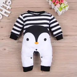 Для новорожденных одежда комбинезон с длинными рукавами с рисунком пингвина животных Полосатый комбинезон, костюм наряды дети \ одежда