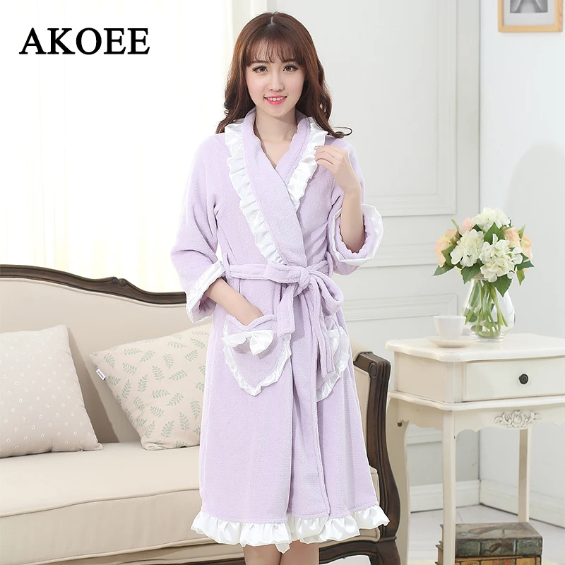 Spa Microfiber Bathrobes for Womens Ruffled Sleeve Wearable Towel Robes Pocket Coral Fleece Robes Washclothing Wrap Bath Towels