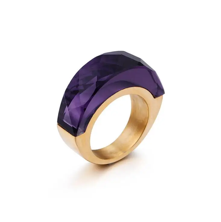 Золотые кольца из нержавеющей стали для женщин большие красные синие оранжевые Фиолетовый Кристалл Кольца для девочек размер 6-9 вечерние ювелирные кольца - Цвет основного камня: Gold Dark Purple