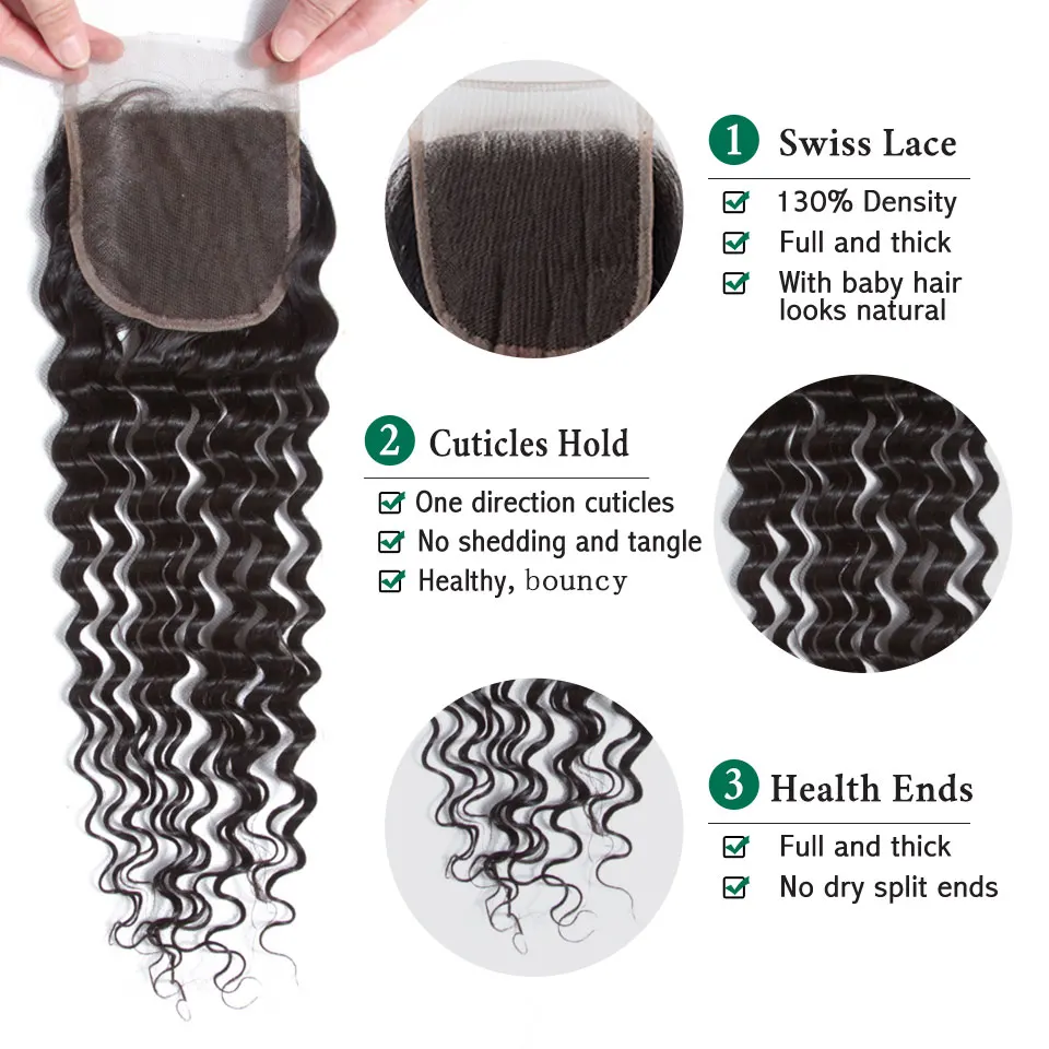 Brazilian Deep Wave Bundles With Closure Wet and Wavy Human Hair Tight Curly Can Be Dyed Deep Wave 3 Bundles With Closure Remy