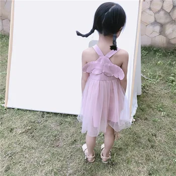 

WLG girls summer princess dresses kids girl strap beige pink patchwork mesh dress baby party clothes