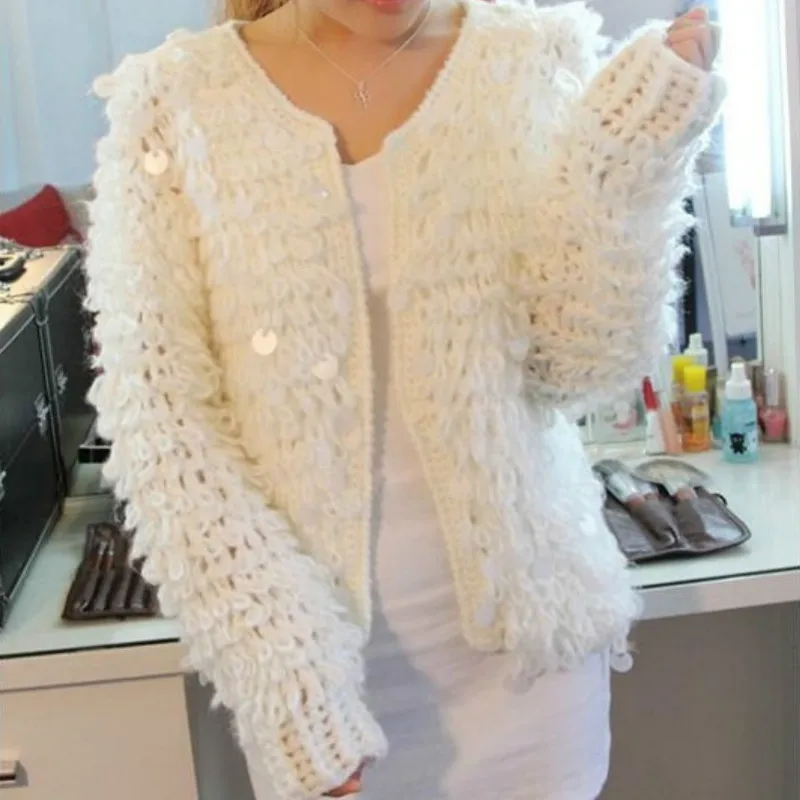 incredible  Woman Sequins Mohair hollow knitted cardigan sweater tassels jacket sequined Fashion short coat Ope