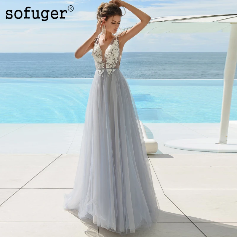 

Elegant Tulle Appliques Flower V Neck Elegant Wedding Dress Robe De Mariee Sofuge Boho Dubai Arabic Abiti Da Sposa Long Dresses