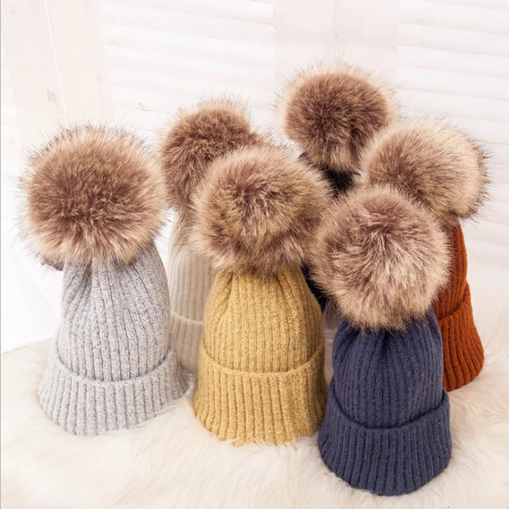 Fashion Big Pom Poms Winter Hat For Women Girls Hats Knitted Beanies