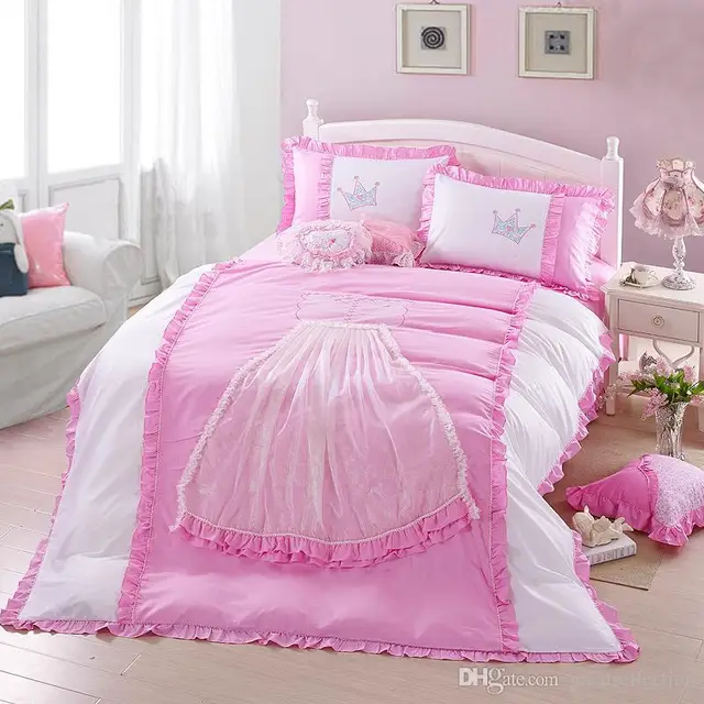 Embroidered and Ruffle Pink White Princess Crown Lace Bedding set girls
