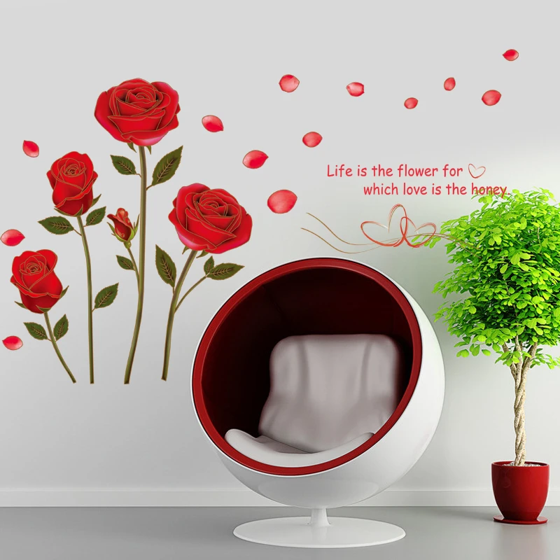 Romantic Flower Wall Sticker for Bedroom Flying Red Rose Wall Stickers