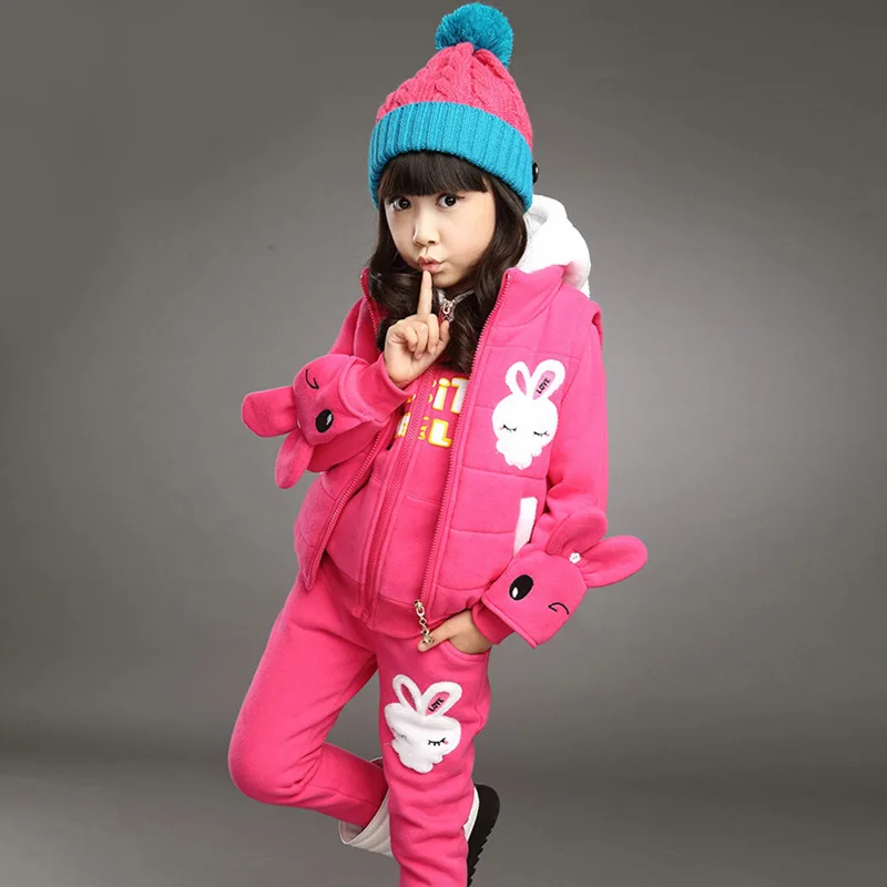 

3 piece kids baby girl cute sets big girls rabbit cartoon set clothes winter autumn 2017 children Hooded clothing with glove