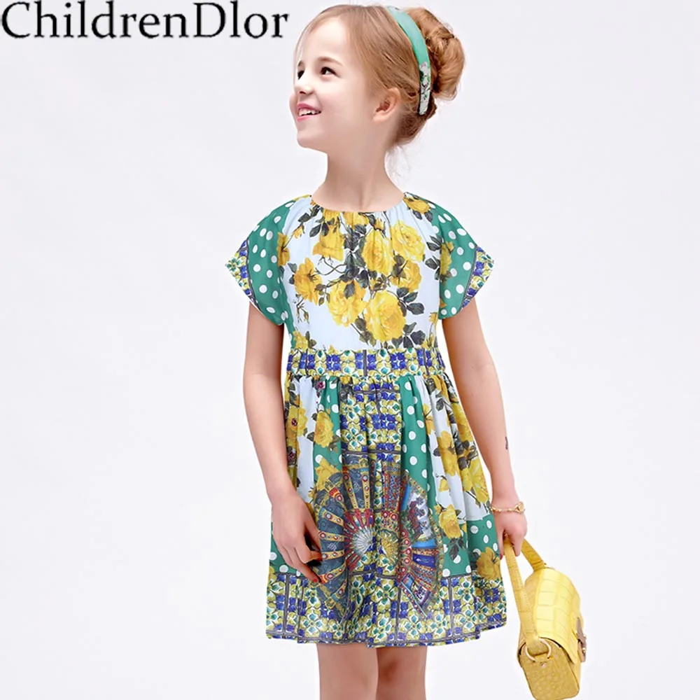 

Kids Costumes Girls Summer Dress 2017 Brand Toddler Girls Clothes Princess Green Fan Dress with Printed Roupas Infantis Menina