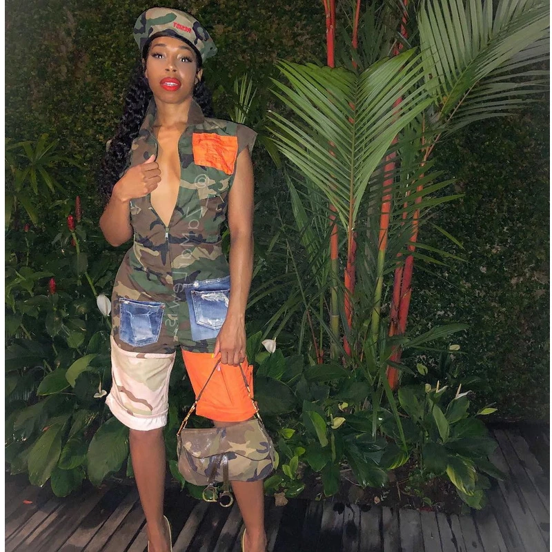 

Turtleneck Knee Length Playsuits For Women Zipper Front Camouflage Print Jumpsuits And Rompers Casual Summer Style Bodysuit 2019