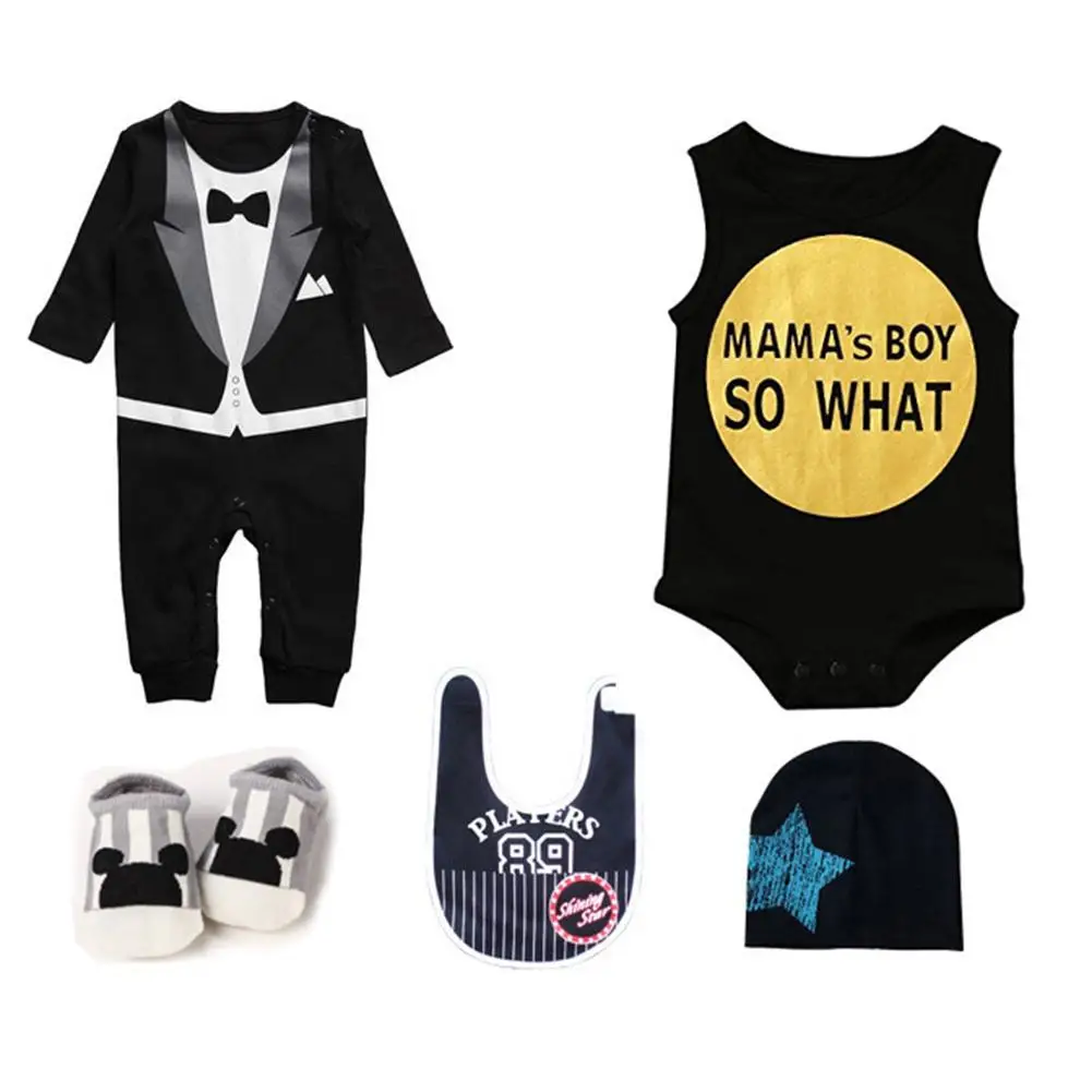 Комплект из 5 предметов для детей 0-6 месяцев, модный костюм для новорожденных, хлопковая одежда, весенне-летняя одежда, комбинезон, Набор подарочных коробок