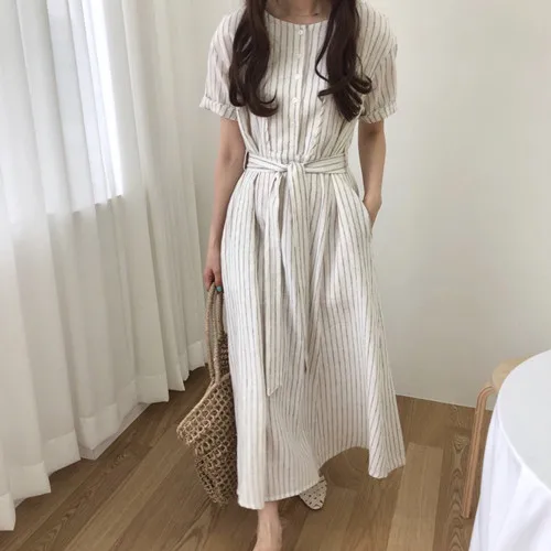 

Women Maxi Long Party Dress Vintage Short Sleeve Single Breasted Tunic O-neck Casual Beach Party Striped Summer Dress Mujer