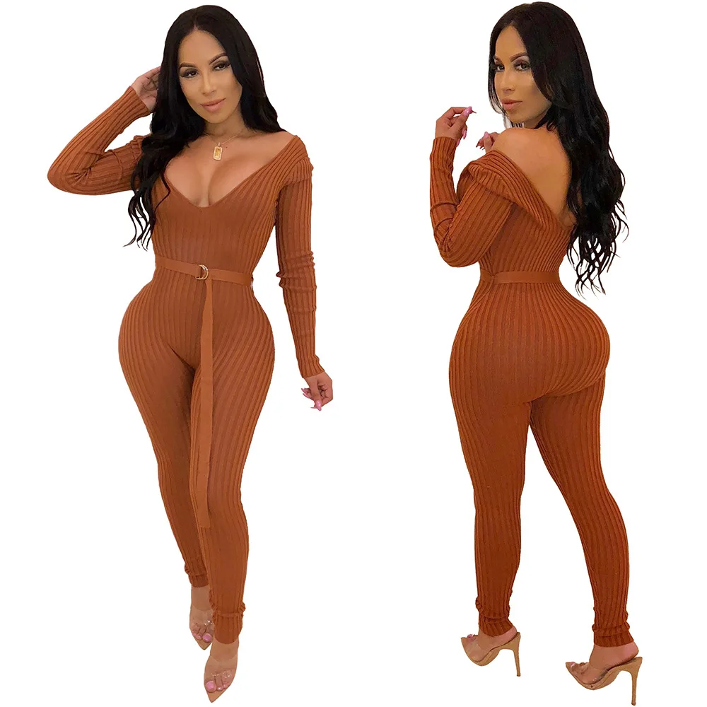 

Sexy Low Cut V-neck Jumpsuit Women Long Sleeve Cold should Knit Skiny Lady Bodycon Waist Cincher Night Club Party Female Outfits