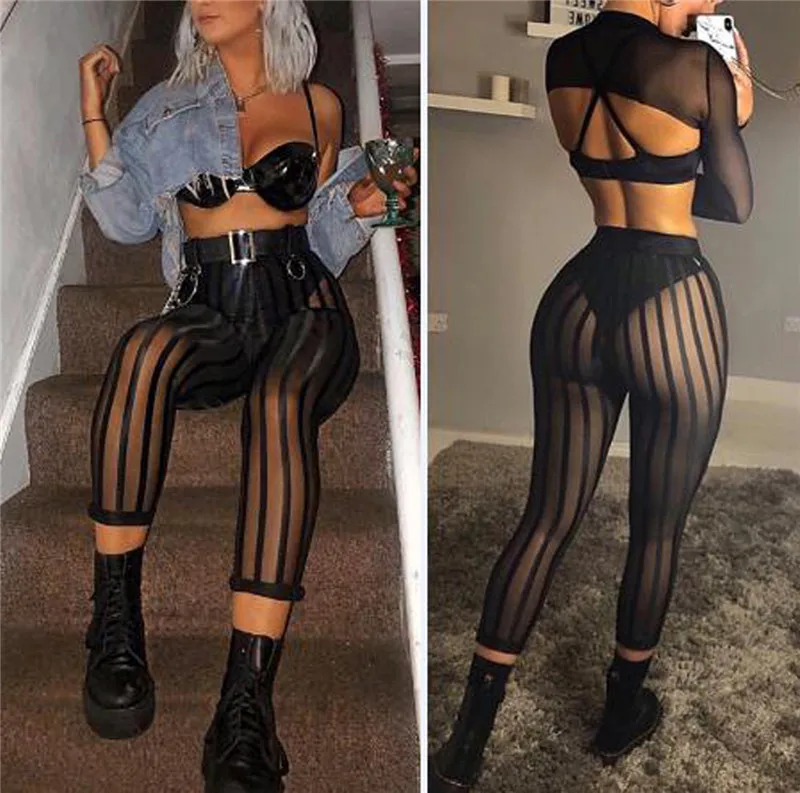 

Sexy Ladies Women Mesh Sheer See Through Striped Leggings Pants High Waist Bodycon Black Slim Perspective Legging Pants Trousers