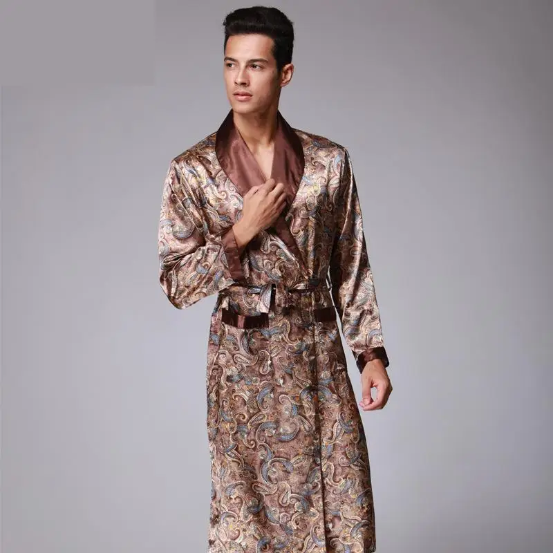 Summer Luxury Satin Pajamas Bathrobe Print Kimono Robes V-neck Faux Silk Male Chinese Silk Robe Nightwear Man