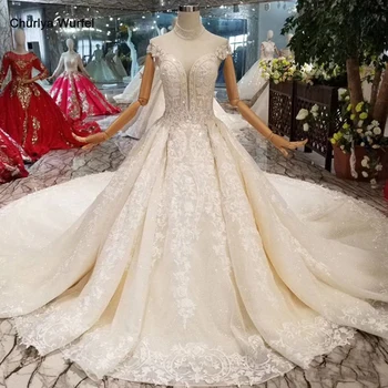

HTL055 simple A-line wedding dress 2020 illusion high-neck cap sleeves sexy v-back pure wedding gown with long train custom