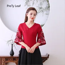 Новая Осенняя футболка из хлопка и льна с вышивкой в национальном стиле