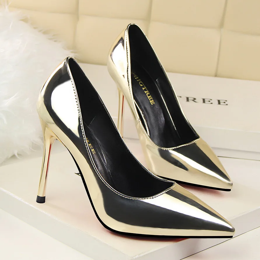 BIGTREE/Женская обувь на высоком каблуке; коллекция года; летние туфли-лодочки; Серебристые лакированные кожаные туфли; женские пикантные модные офисные туфли на каблуке 10 см
