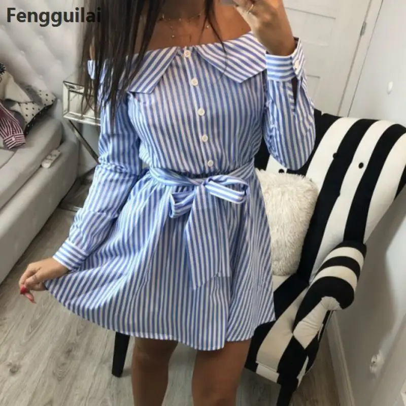 

Girls Sweet Striped Dress 2018 New Women Female Long Sleeve Slash Neck Buttons Dresses Plus Size Kawaii Striped Sundress Gv196
