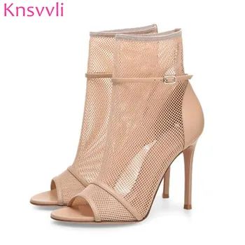 

Sexy Lace Elastic Network Woman High Heel Sandals Genuine Leather Peep Toe Ankle Boots For Women Stiletto Gladiator Sandal Boots
