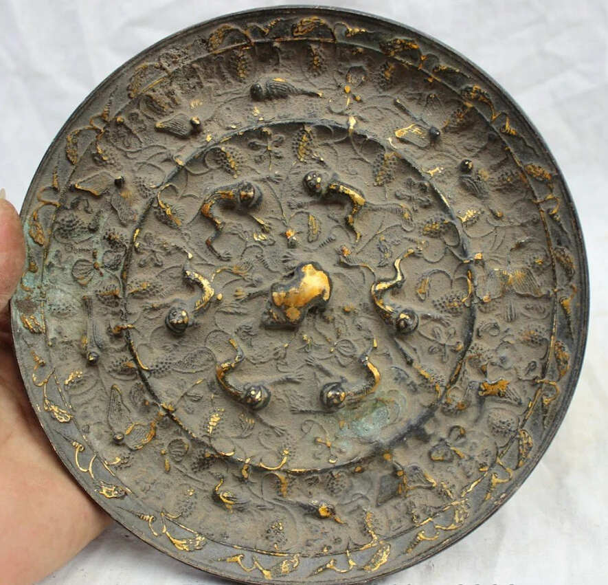 

Collectible bronze S1277 8" Chinese Folk Culture Dynasty Old Bronze Gilt Animals Statue Unicorn Mirror