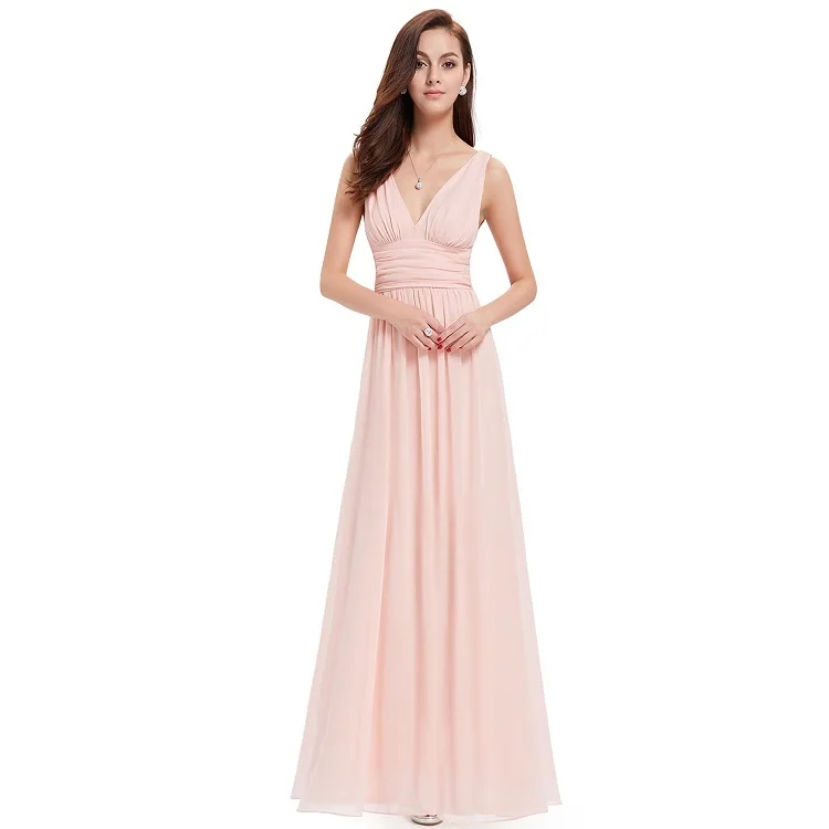 Бордовые Платья для подружки невесты для свадебной вечеринки, элегантные трапециевидные шифоновые длинные вечерние платья с v-образным вырезом для гостей, vestido de festa Longo - Цвет: Pink
