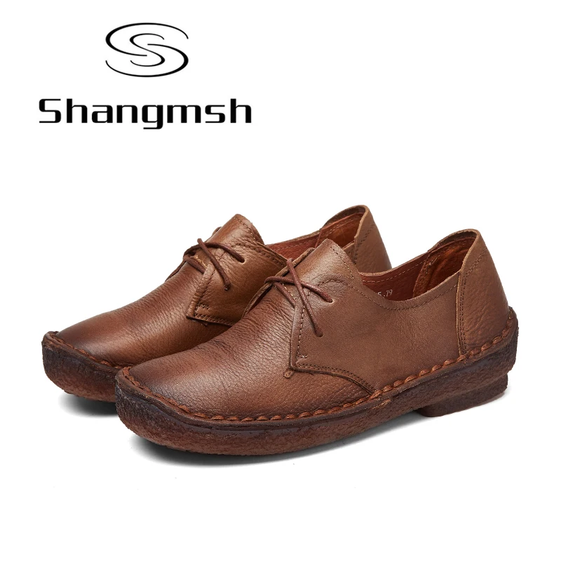 

Shangmsh Fashion Shoes Woman Autumn Genuine Leather Female Shoe Flats Comfortable Loafers Lace-up Flat Shoes Moccasins