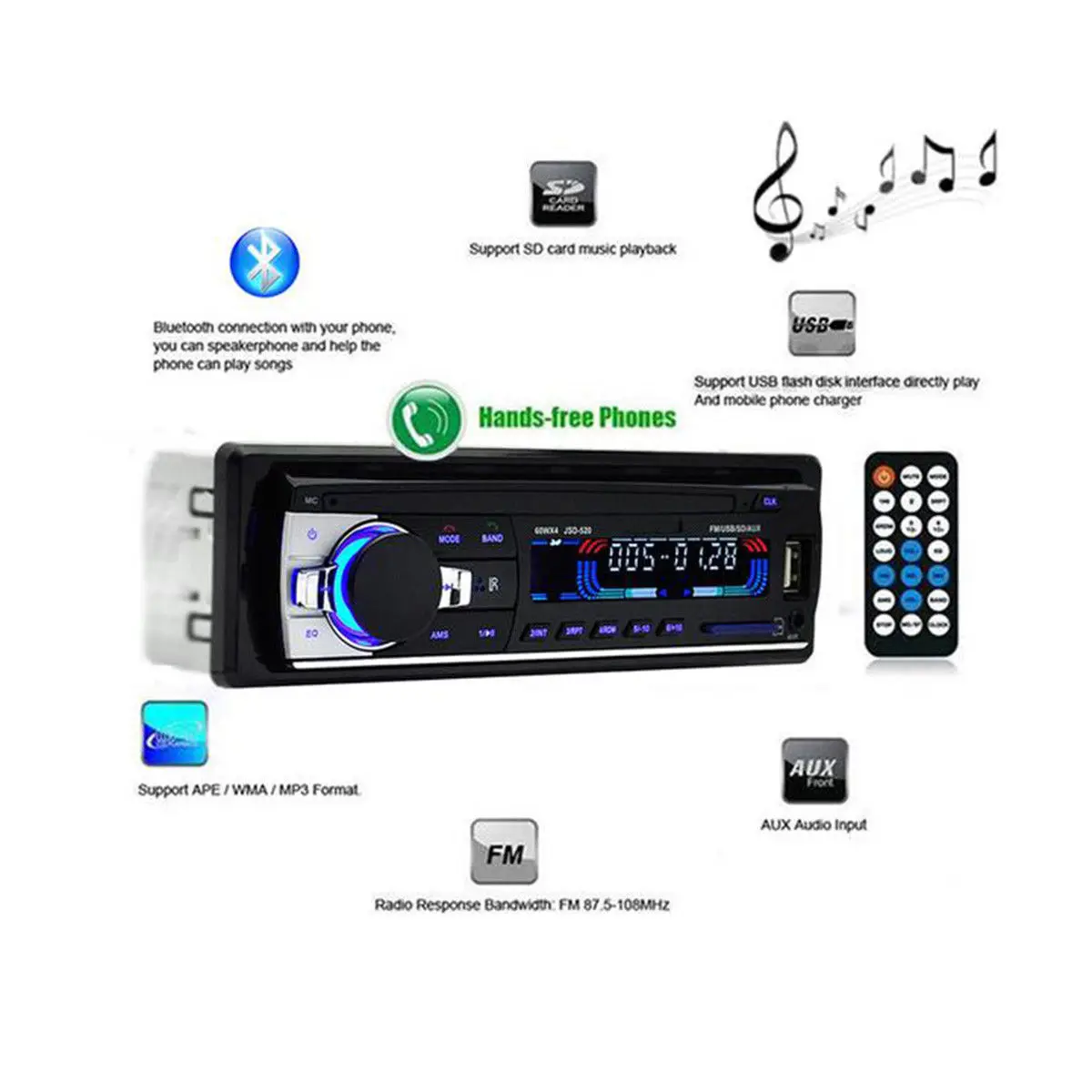 1 DIN автомагнитола автомобильный аудио FM Bluetooth MP3 аудио плеер Bluetooth Мобильный Телефон Handfree USB/SD автомобильный стерео радио в тире Aux вход