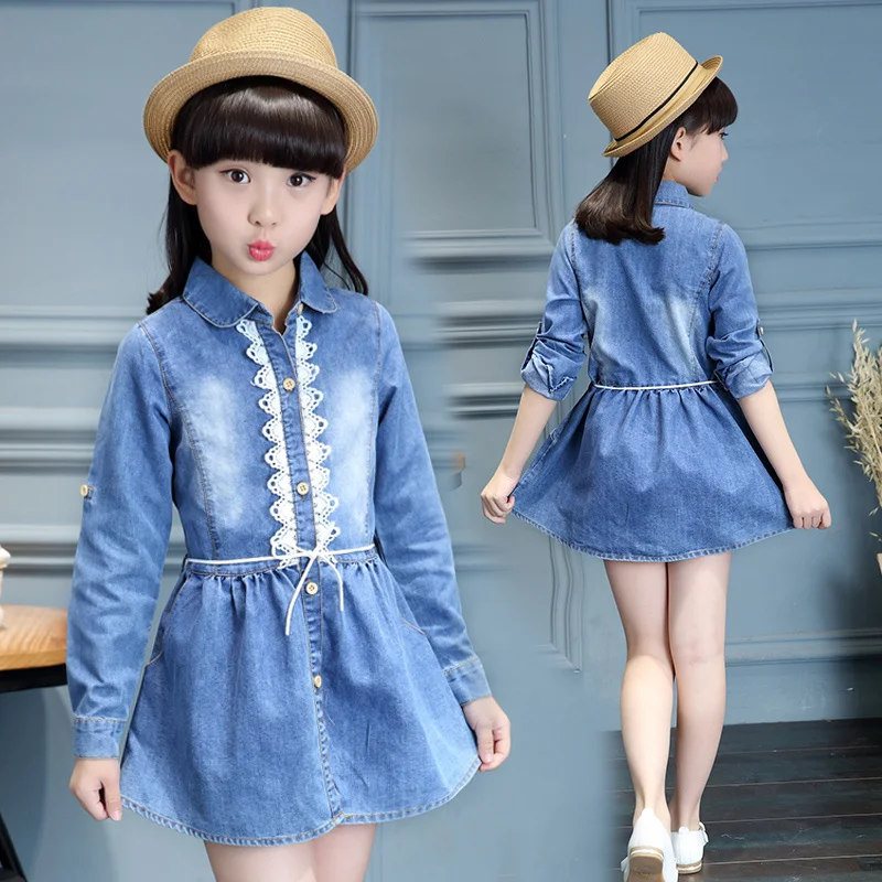 

2016 New Fashion Long Sleeve Girls Denim Shirt Dress Kids Toddler Casual Jeans Lace Blouse Dresses Online Hot Sale
