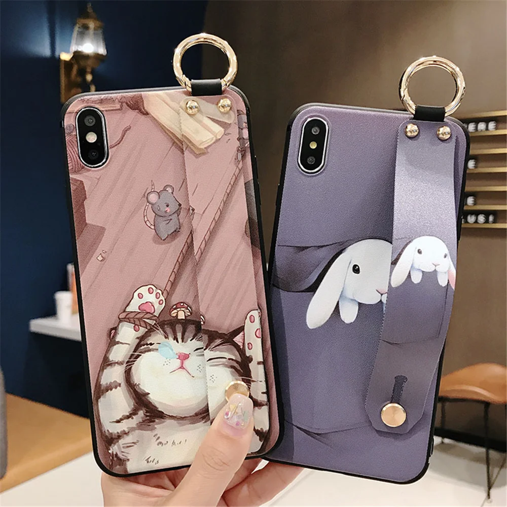 

Wrist Strap Phone Case For OPPO R17 R9 R11 R11s Plus R15 Pro A83 A79 Cute Cat Mouse Soft Covers Soft A3 A5 A7 couque Fundas capa