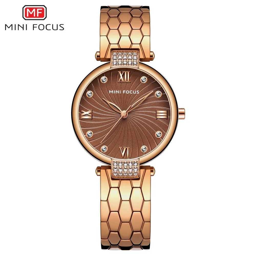 Часы MINIFOCUS с текстурой змеиной кожи из нержавеющей стали, модные дизайнерские брендовые роскошные женские часы, кварцевые Золотые женские часы - Цвет: Brown rose gold