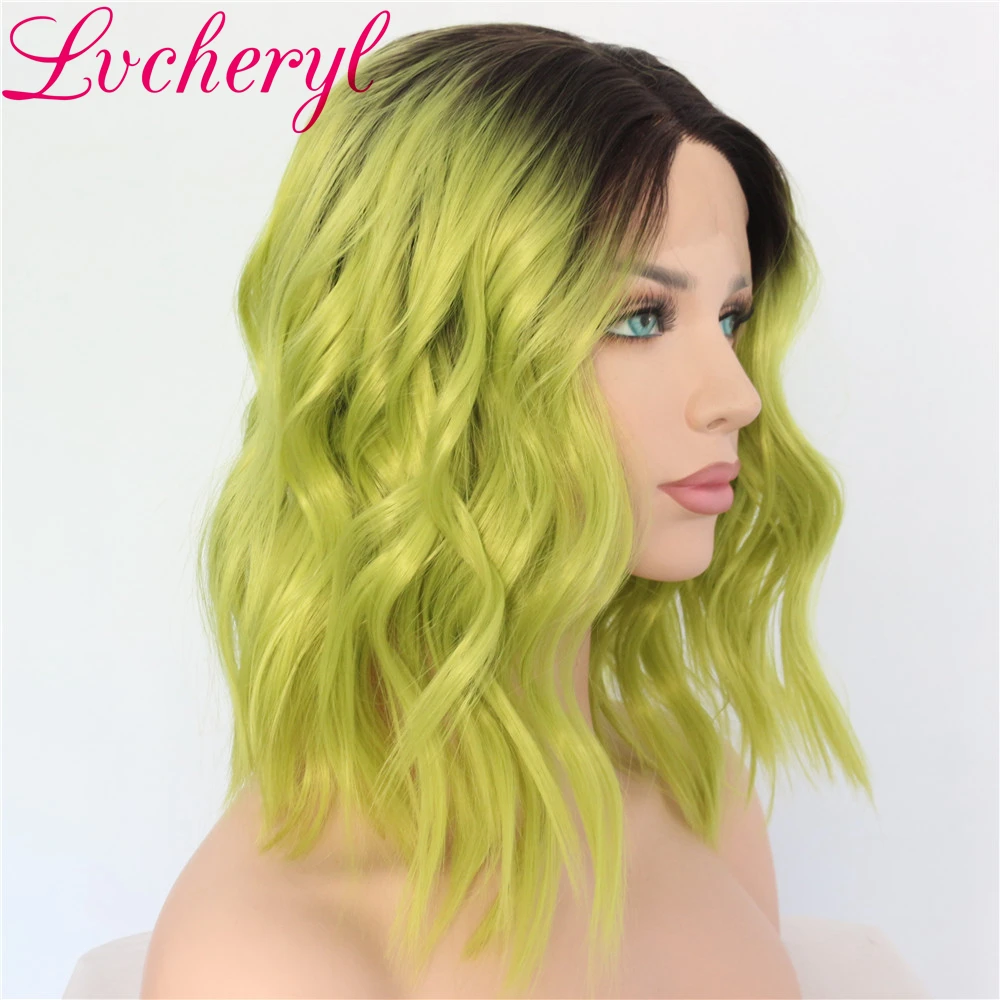 

Lvcheryl Hand Tied Dark Roots To Mxied Apple Green Short Wavy High Density Heat Resistant Synthetic Lace Front Wigs For Women