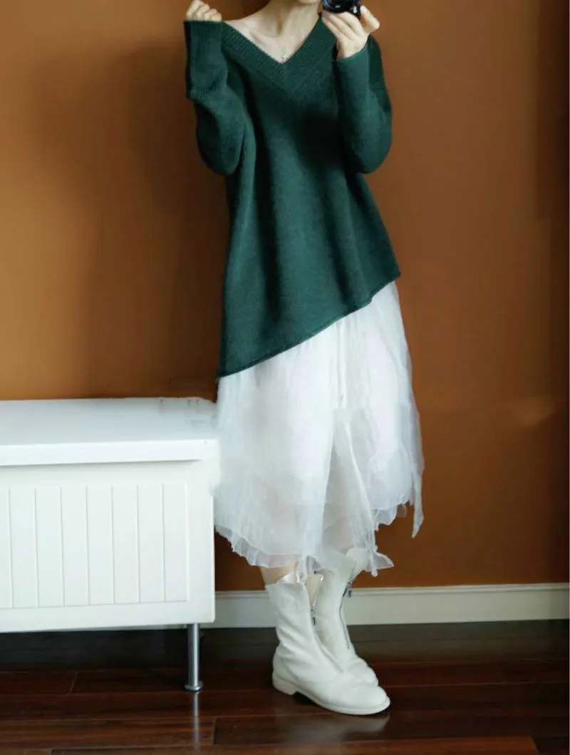 JVEII кашемировый свитер размера плюс, женский свитер с v-образным вырезом, ассиметричный длинный свитер, сплошной цвет, женский свободный пуловер
