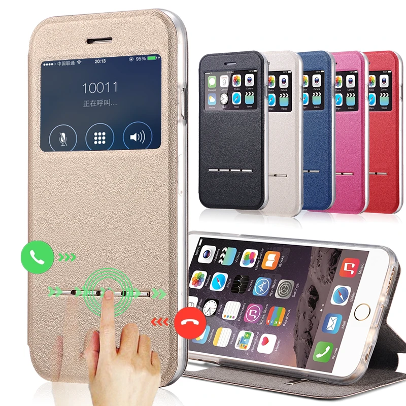 

Luxury View Window Case For iPhone 8 7 Plus Cover Coque Flip For iPhone On 5S 5C SE 6 6S 7 Plus X Sliding Answer Phone Bag