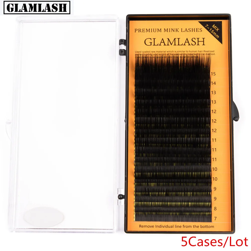 

GLAMLASH 5Cases/Lot L Curl 7~15mm MIX 16rows/case Mink Eyelash Extension,L Curl Individual Eyelashes,L Lashes,L False Eyelashes