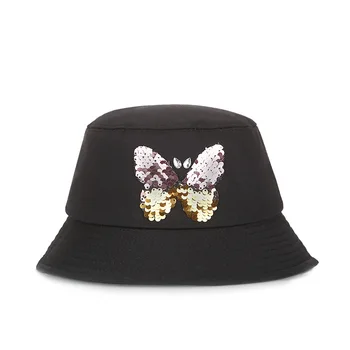

Women's Spring and Summer Folding Bucket Hat with Butterfly Shiny sequin Flat top Thread Sunscreen Fisherman Harajuku Glittering