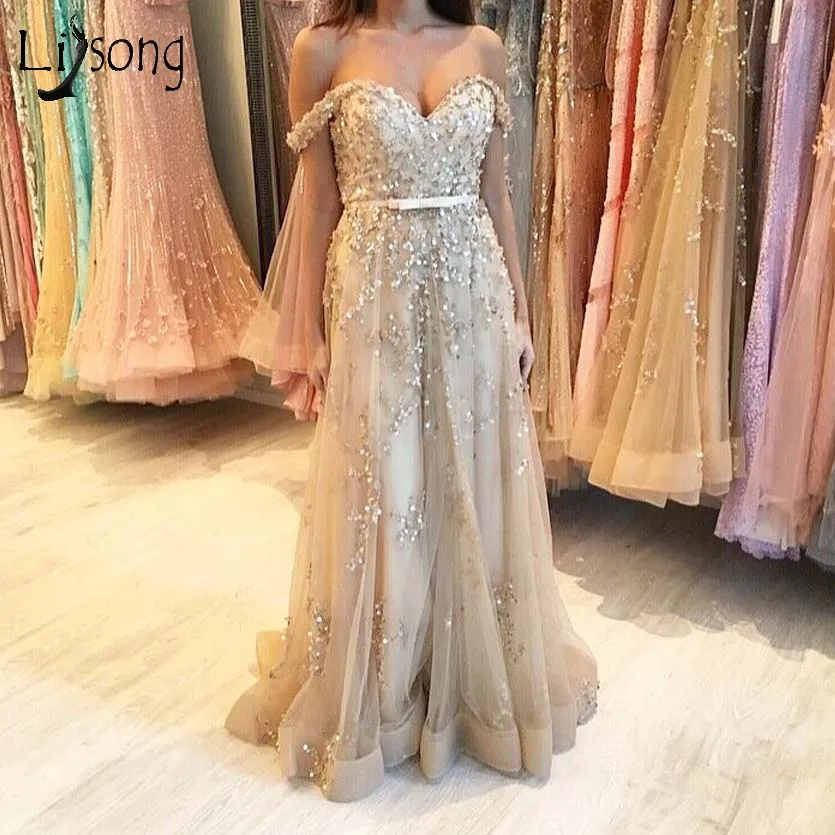 

2019 Robe De Soiree Pretty Champagne Long Evening Gowns Sparkle Beaded Sequined A-line Prom Gowns Plus Size Party Dresses