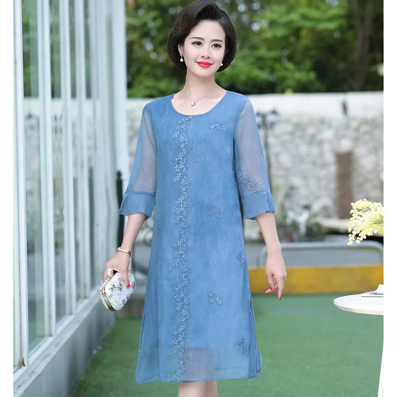 

Elegant Vintage Floral Embroidery A-Line Dress Women 2019 Summer O-Neck Mid-Calf Casual Chiffon Dresses Female Vestidos