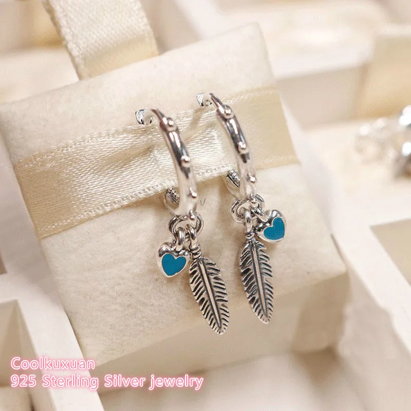 Лето 925 пробы серебряные духовные Серьги перья, голубой цвет эмаль европейский стиль брендовые ювелирные изделия