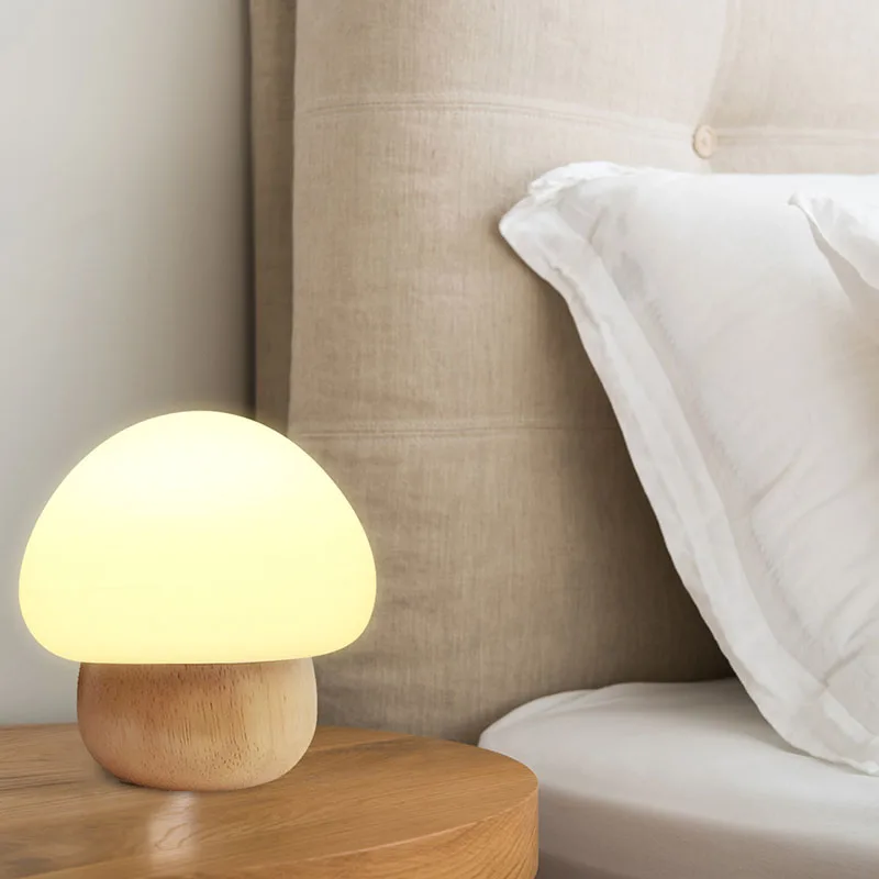

BRIGHTINWD Wooden Silicone Soft LED Night Light Mushroom Lamp For Bedroom Multicolor Wireless Remote Dimmable Room Desk Bedside