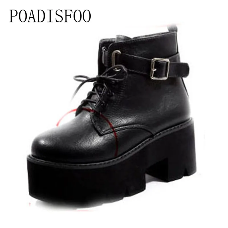 

POADISFOO Women Leather Black Wedge Ankle Boots Waterproof Platform With High Heel Boots Martin Boots Lace up Shoe.JXQ-609-106