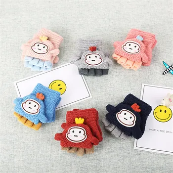 

Children Kids Winter Gloves Baby Girls Boys Half Finger Cartoon Monkey Patchwork Keep Warm Baby Mittens Knitted Gloves