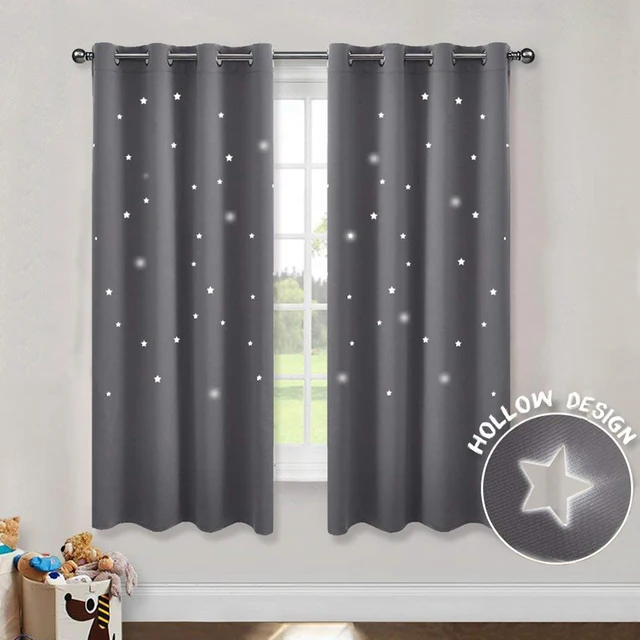 MAKEHOME Hollow Stars Blackout Curtains for Kids Bedroom Living Room Three Layers Fabrics Window Curtains Home Decor Stars Tulle 2